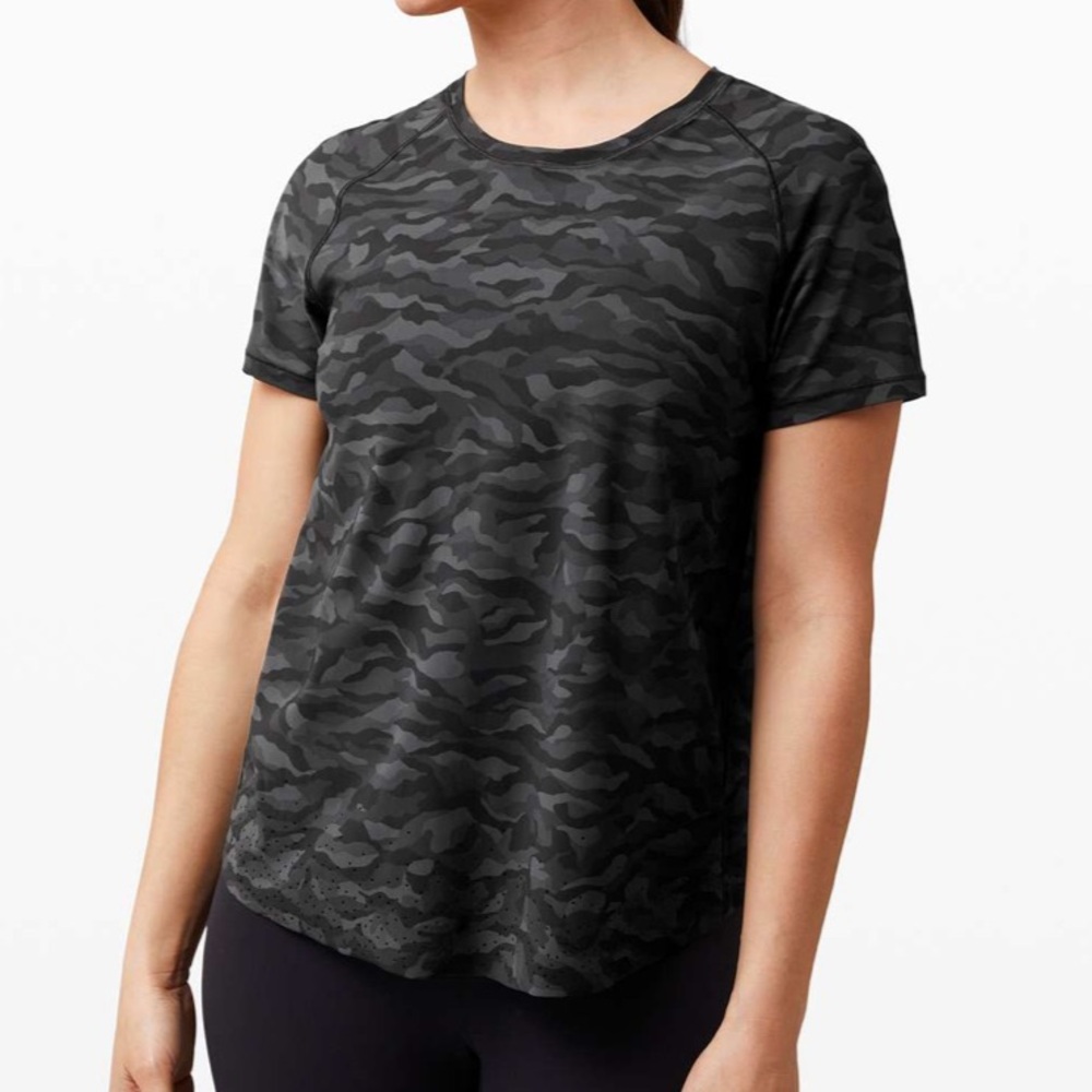 Lululemon Sequoia Camo Print Deep Coal Black Quick Pace Short Sleeve Size 4